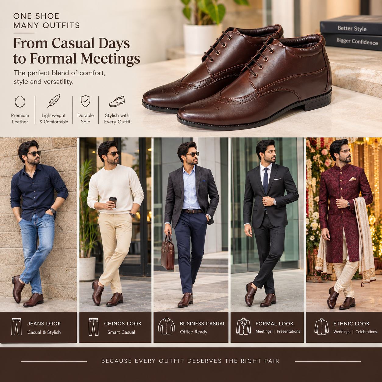Height increasing shoe Leather Brown Jeans