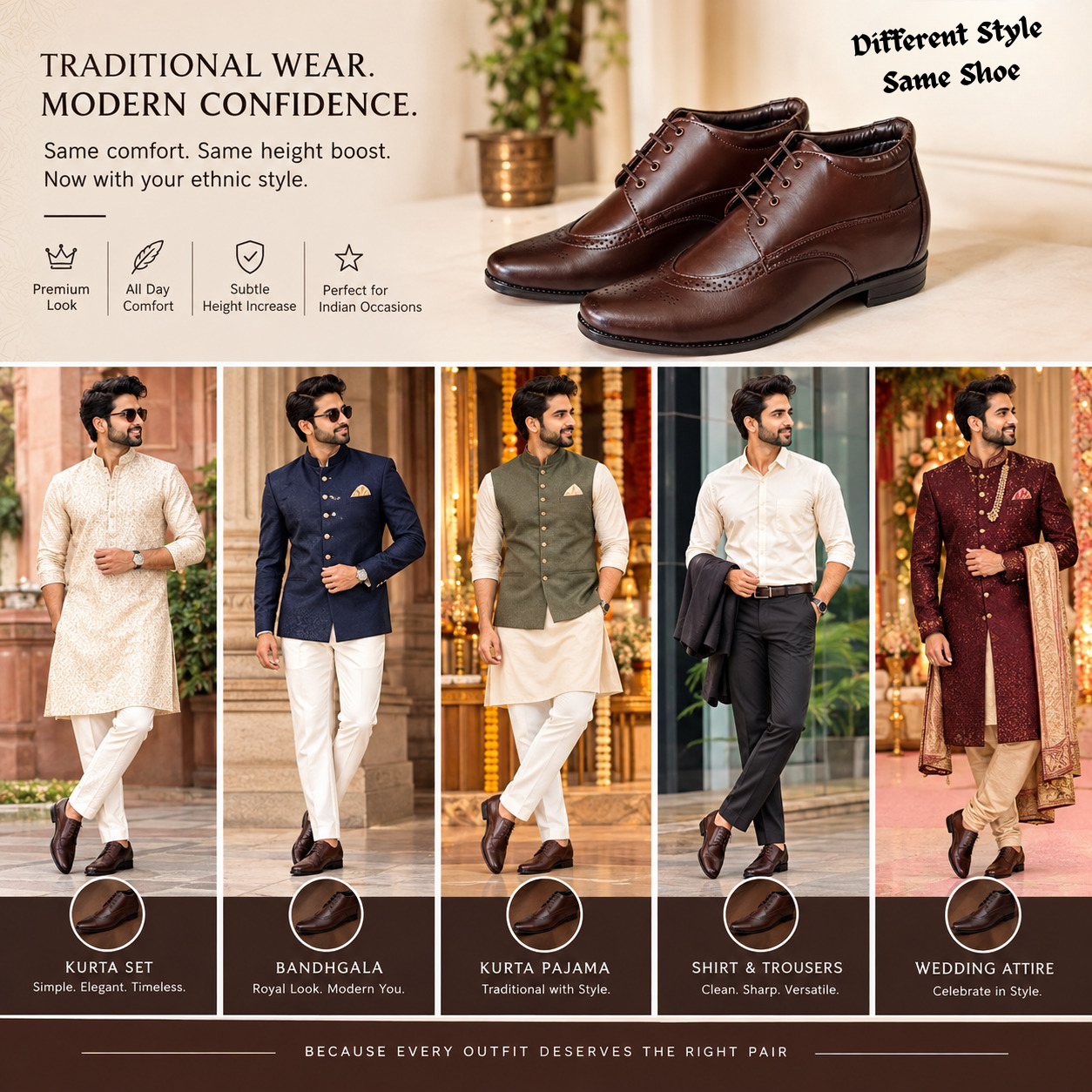 Height increasing shoe Leather Brown